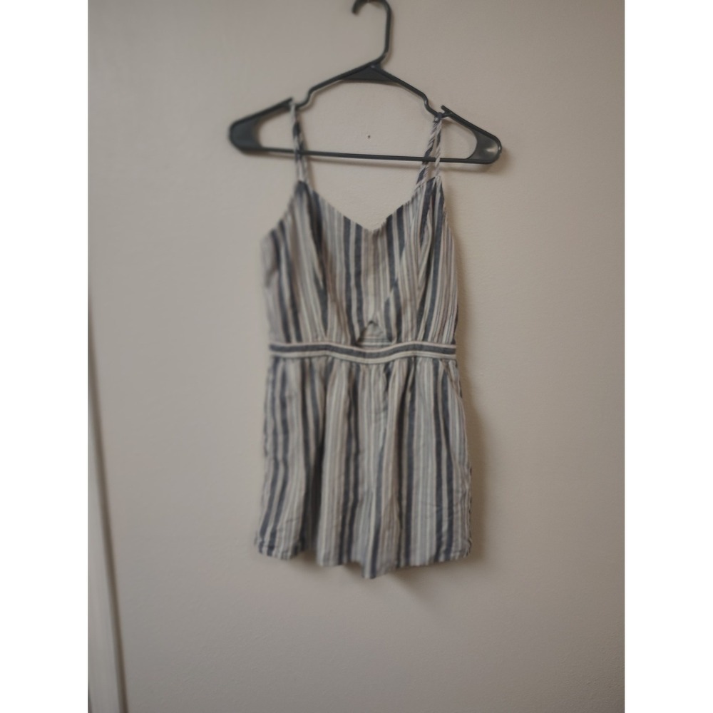 True Craft Blue White Striped Sleeveless Romper V-Neck Cutout Small